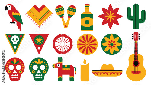 Colorful Mexican Elements Sugar Skulls, Sombrero, Maracas, Guitar, Cactus and More Flat Icons