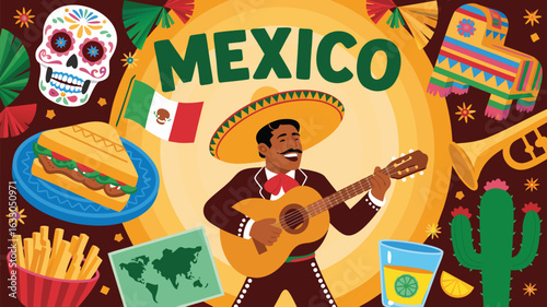 Colorful Mexico Illustration Mariachi, Food, Culture, and Iconic Symbols for Travel and Celebration