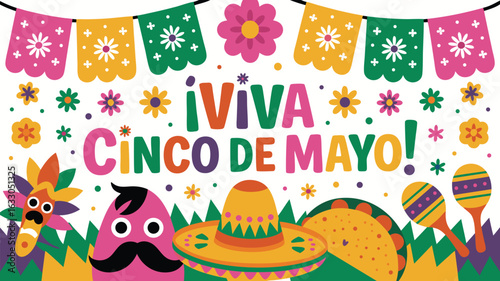 Colorful Viva Cinco de Mayo Featuring Taco, Sombrero, Maracas, and Festive Banners