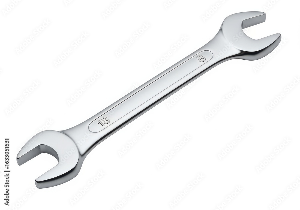 A shiny metal combination wrench with open and box ends on a clean white background A shiny metal combination wrench with open and box ends on a clean white background