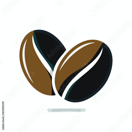 Two coffee beans, one overlapping the other, showing their detailed shape and color.
