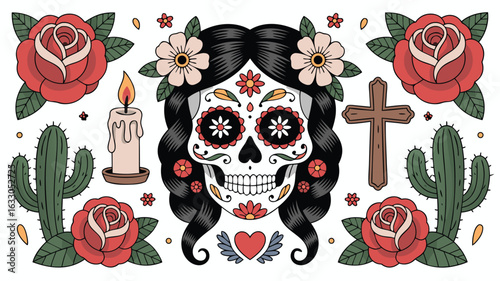 Day of the Dead Skull with Flowers, Roses, Cactus, Candle, and Cross Illustration