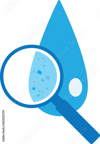 Microplastic water pollution with magnifier icon.