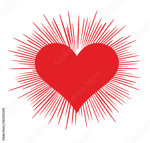A vibrant red heart symbol with radiating lines, representing a powerful burst of love, passion, and romantic energy on a white background.