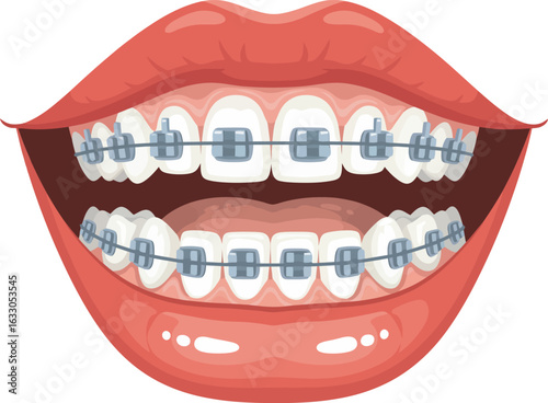 Illustration of an open mouth with glossy red lips showing metal dental braces on white teeth.