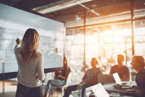 Free Download Businesswoman presenting in modern office setting with team collaboration and sunlight through windows showcasing teamwork and innovative brainstorming - GFXLoad