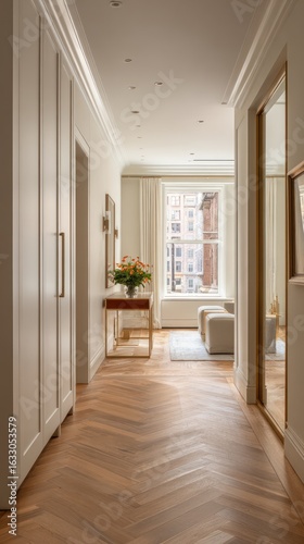 Elegant hallway with herringbone flooring and large windows