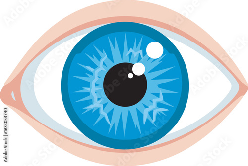 Stylized graphic illustration of a human eye with a vibrant blue iris and spiky pattern.