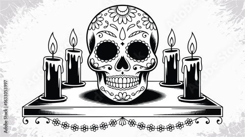 Dia de los Muertos Skull with Candles on Altar, Black and White Design