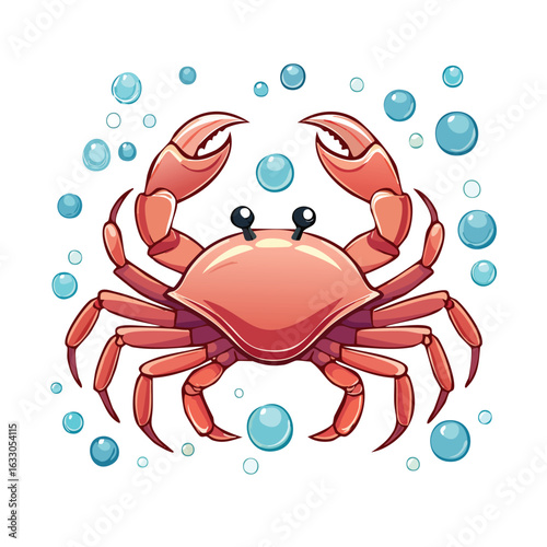 Cartoon illustration of a crab with orange body, claws, and eyes, surrounded by bubbles.