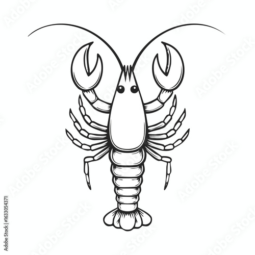 Detailed black and white illustration of a lobster, showcasing its intricate anatomy and design.
