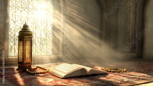 Decorative Quran Stack with Beads and Islamic Lantern