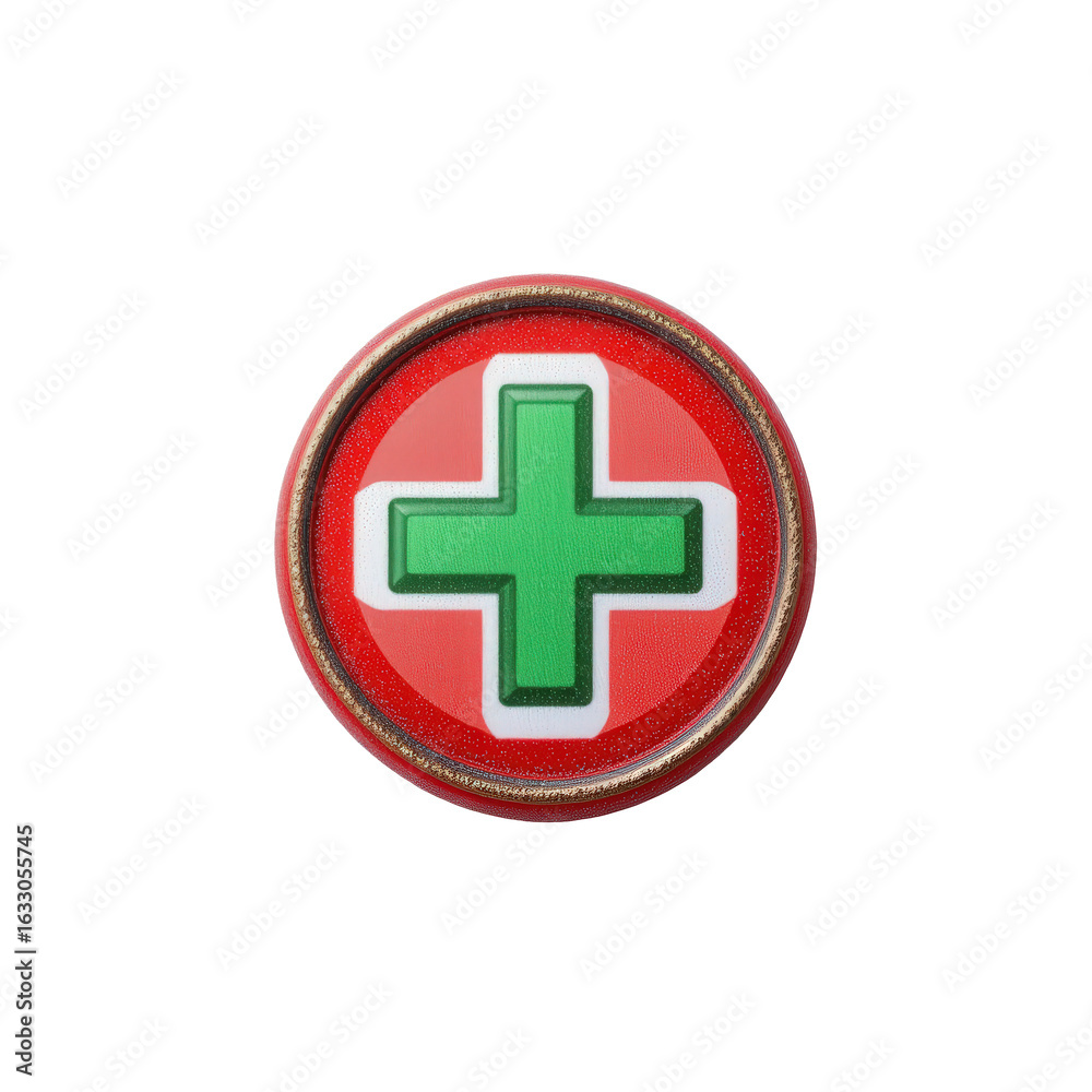 Obraz premium Circular First Aid Symbol with Red Background and Green Cross Design