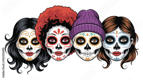Four Stylish Sugar Skull Faces Dia de los Muertos Illustration on White