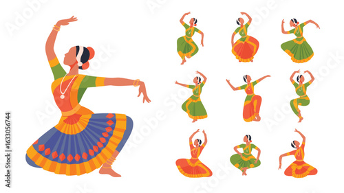 Illustration Set of Woman Performing Indian Classical Dance Bharatanatyam Poses in Traditional Attire