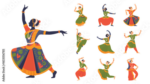 Indian Classical Dancers Posing, Colorful Traditional Costumes, Bharatnatyam and Kathak Inspired Illustration
