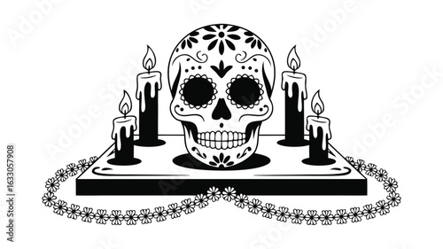 Ornate Sugar Skull with Candles and Floral Garland, Dia de los Muertos Art