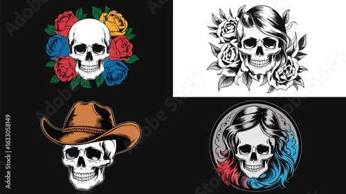 Skull Illustrations Floral, Cowboy, and Haired Variations in Design