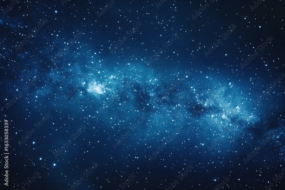 Naklejka premium Starry sky background, blue night sky full of stars, glowing stars in the dark space, starry background, dark night, stars in the distance, starlight, dark background with a blue glow, night sky. 
