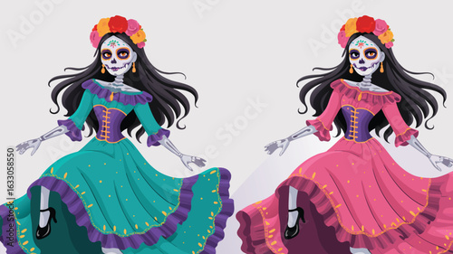 Two Animated Sugar Skull Figures in Traditional Dresses and Floral Headpieces Illustration
