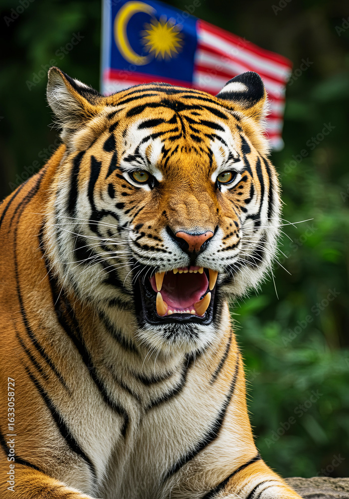 Fototapeta premium Malayan Tiger Close-Up Roaring in the Jungle. Malaysia National Day. Malaysia Day
