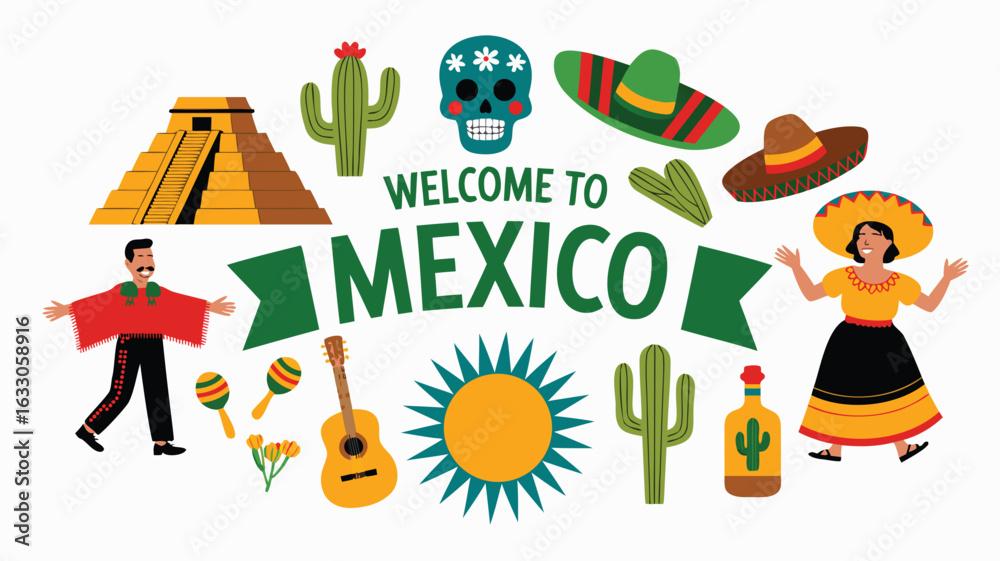 Fototapeta premium Welcome to Mexico Vibrant Illustration Featuring Cultural Symbols, People, Landmarks and More
