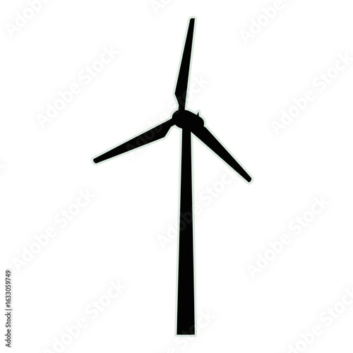 A simple black silhouette of a modern three-bladed wind turbine isolated on a white background.