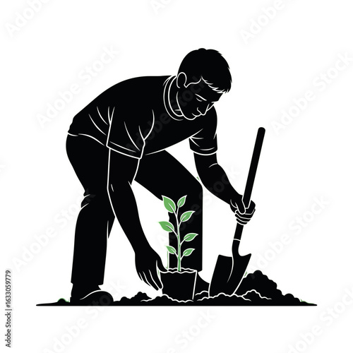 A black silhouette of a man bending down to plant a small green sapling in the soil with a shovel.