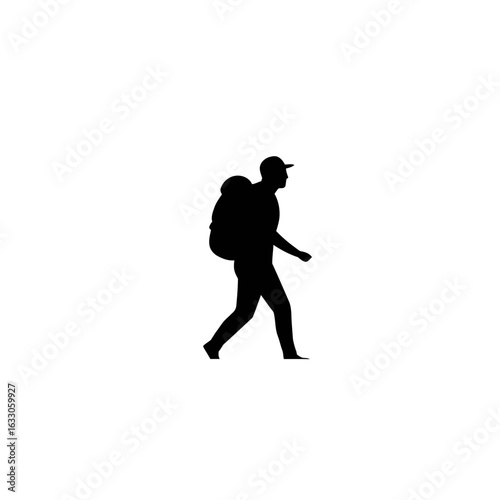 A black silhouette of a hiker walking with a large backpack and a baseball cap.