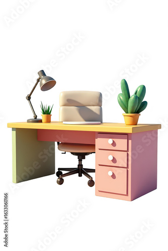 A colorful, cartoon-style office desk with chair and lamp.