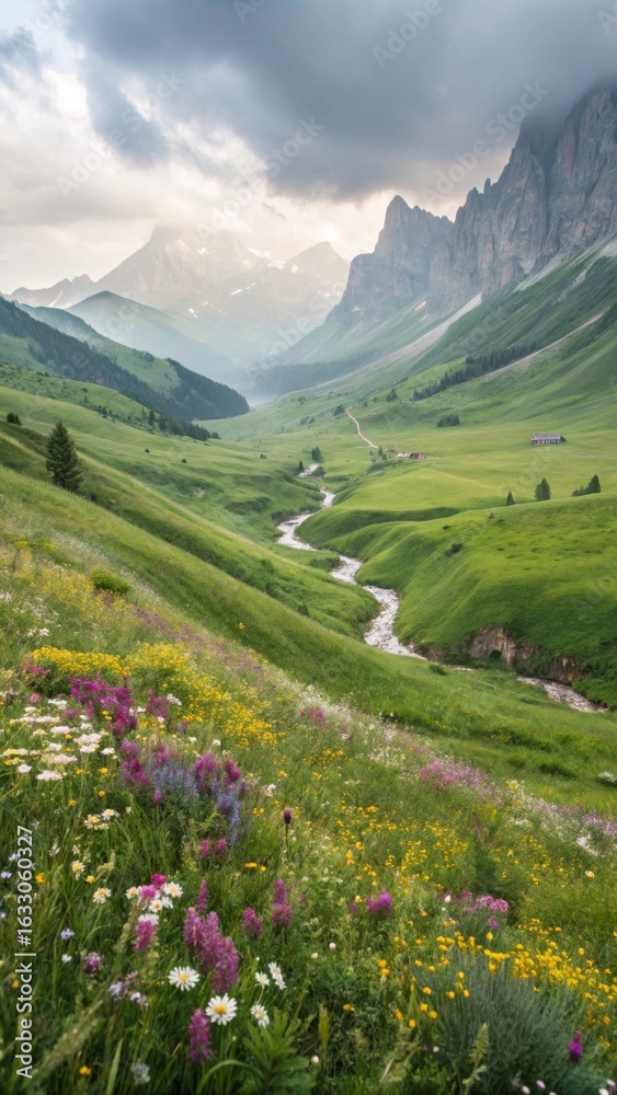 Obraz premium Serene mountain valley with winding river and wildflowers