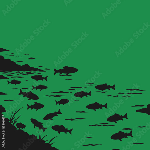 A graphic illustration of silhouetted fish swimming upstream in a green river.
