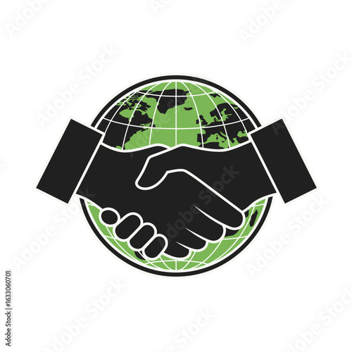 A black silhouette of a business handshake over a green globe, symbolizing global partnership and agreement.