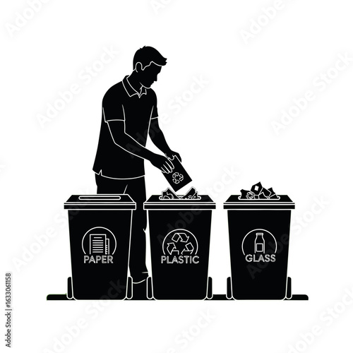 A silhouette of a man correctly sorting waste, placing a plastic item into a designated recycling bin next to containers for paper and glass.