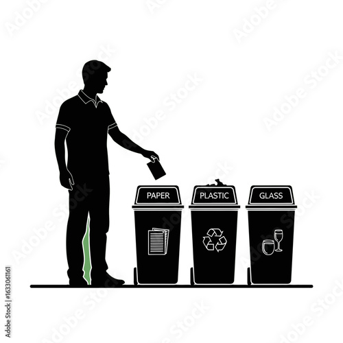 A silhouette of a man correctly sorting waste into designated recycling bins for paper, plastic, and glass.