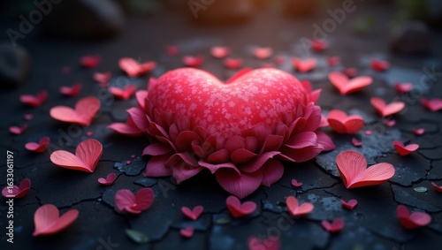 A heart-shaped object nestled within a flower-like formation.
