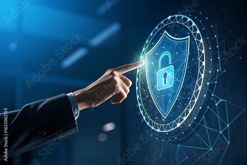 Hand touching glowing digital shield with padlock cybersecurity concept