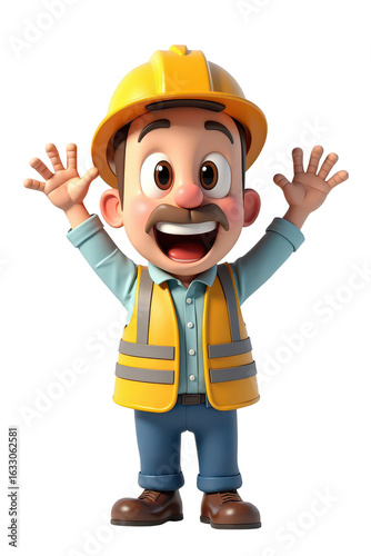 Animated construction worker character with arms raised.