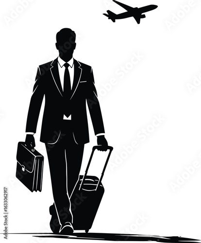 Business traveler walking at airport, professional man with luggage and briefcase, airplane flying overhead, corporate journey, travel concept
