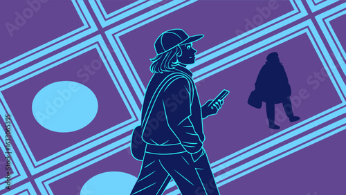 Woman walking using smartphone on street art background vector illustration design concept art style