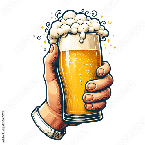 Hand holding a full glass of foamy beer isolate on White background