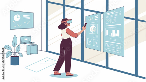 Woman using vr augmented reality glasses for data analysis in office environment modern technology