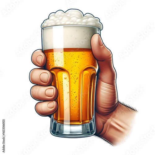 Hand holding a full glass of foamy beer isolate on White background