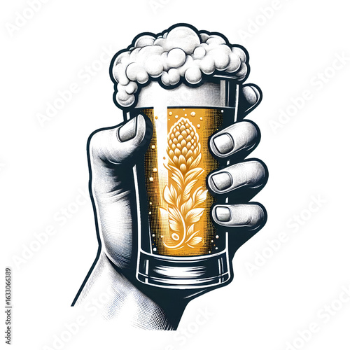 Hand holding a full glass of foamy beer isolate on White background
