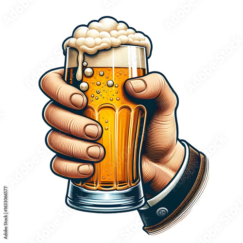 Hand holding a full glass of foamy beer isolate on White background