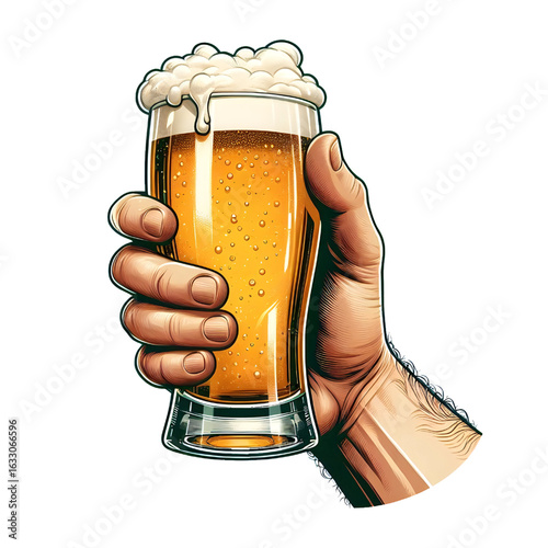 Hand holding a full glass of foamy beer isolate on White background