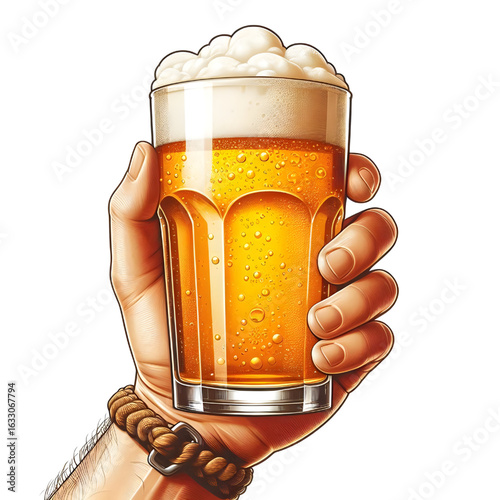 Hand holding a full glass of foamy beer isolate on White background