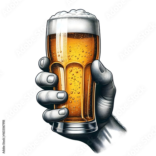 Hand holding a full glass of foamy beer isolate on White background