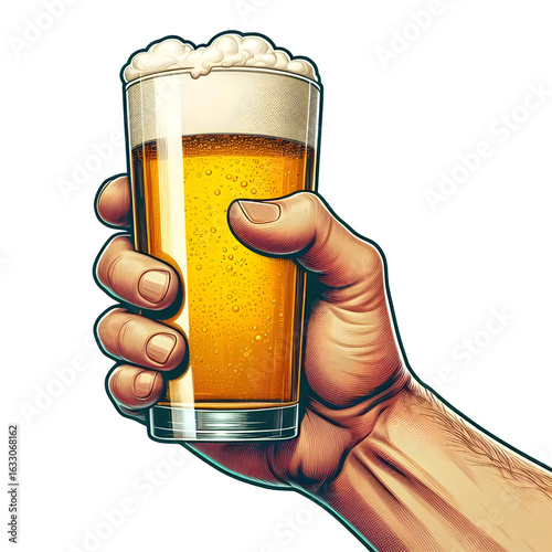 Hand holding a full glass of foamy beer isolate on White background