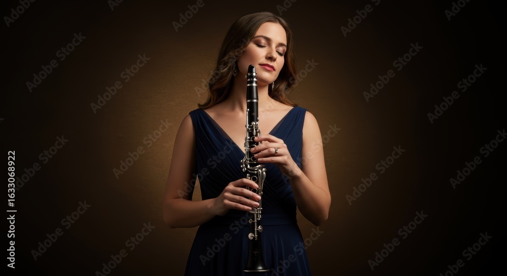 Naklejka premium Elegant woman with eyes closed holding a clarinet in a studio music portrait evoking musical passion and timeless beauty